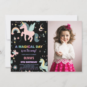 Pink Unicorn Birthday Invitations with photo