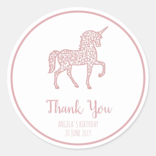 Pink Unicorn birthday party Thank You Own text Classic Round Sticker