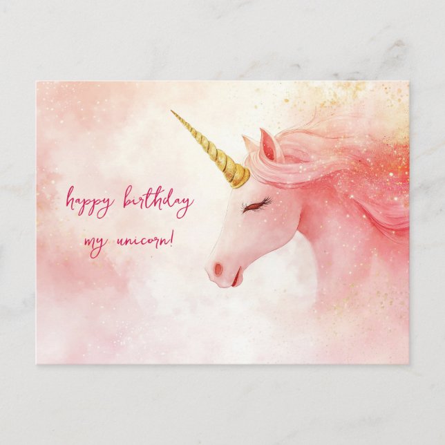 Pink Unicorn Birthday Postcard (Front)