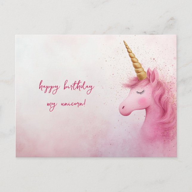 Pink Unicorn Birthday Postcard (Front)