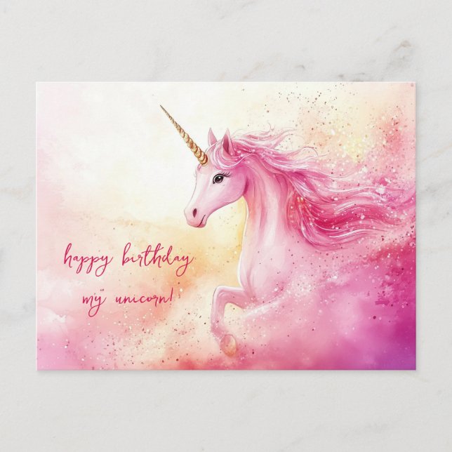 Pink Unicorn Birthday Postcard (Front)