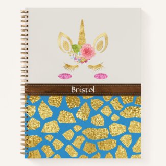 Pink Unicorn Blue & Gold Animal Print Your Name Notebook