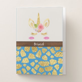 Pink Unicorn Blue & Gold Animal Print Your Name Pocket Folder
