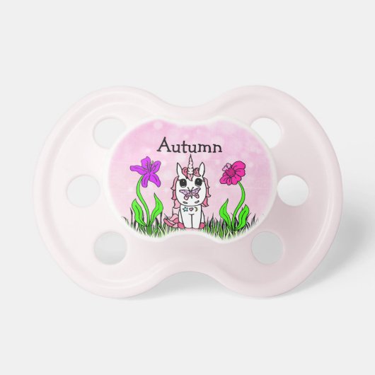 Pink Unicorn, Butterflies and Flowers Baby Pacifier (Front)