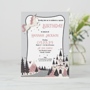 Pink Unicorn Castle Birthday Party Invitation