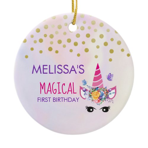Pink Unicorn Confetti &amp; Flowers First Birthday Ceramic Ornament