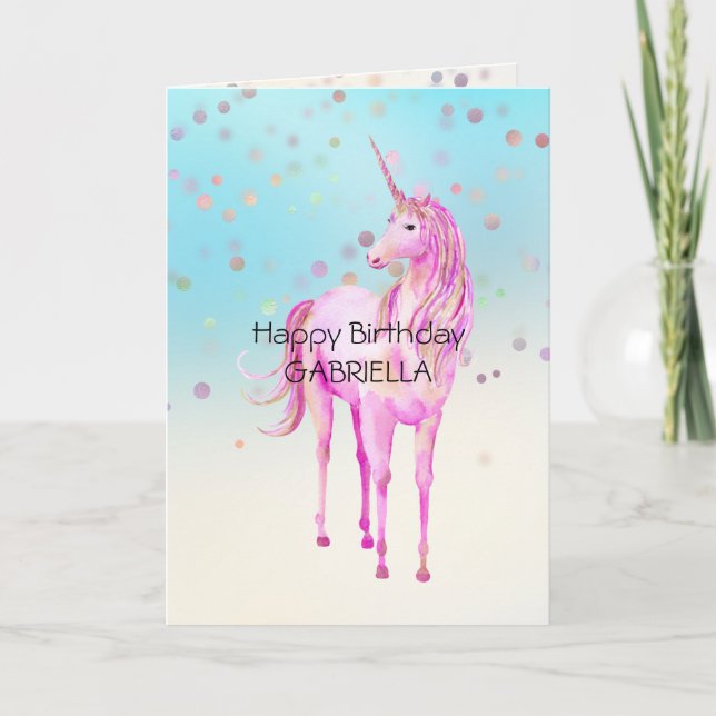 Pink Unicorn Confetti Personalized Name  Card (Front)