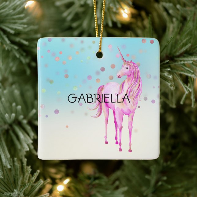 Pink Unicorn Confetti Personalized Name Ceramic Ornament (Tree)