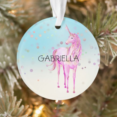 Pink Unicorn Confetti Personalized Name Ornament