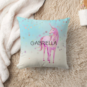 Pink Unicorn Confetti Personalized Name Throw Pillow