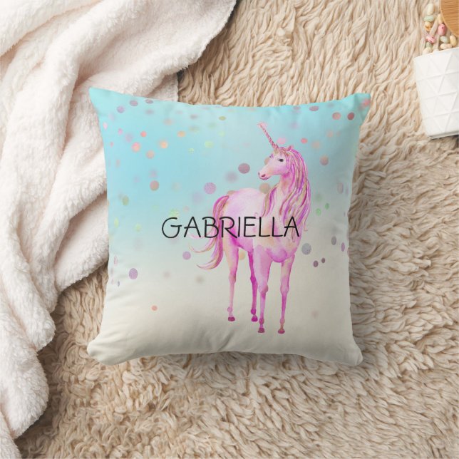 Pink Unicorn Confetti Personalized Name Throw Pillow (Blanket)