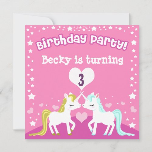 Pink Unicorn Customisable Birthday Invitation