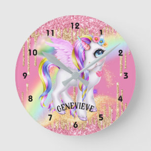 Pink unicorn cute DIY NAME girls birthday Round Clock