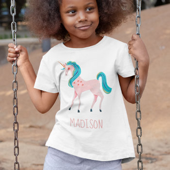 Pink Unicorn Cute Kids Name Girl T-shirt by CartitaDesign at Zazzle