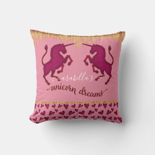 Pink Unicorn Dreams w Hearts Gold Glitter Name Throw Pillow