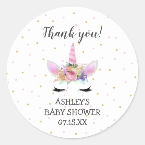 Pink Unicorn Face baby shower thank you favor Classic Round Sticker