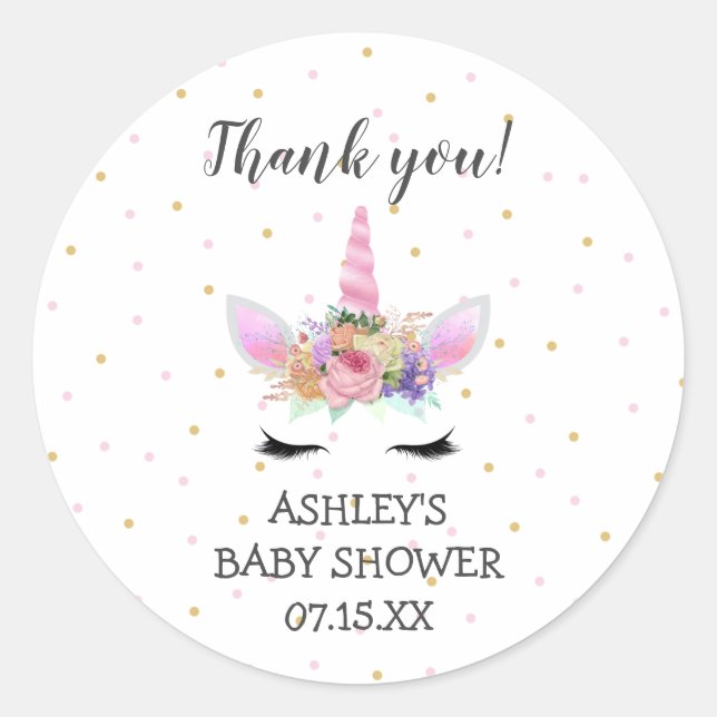 Pink Unicorn Face baby shower thank you favor Classic Round Sticker (Front)