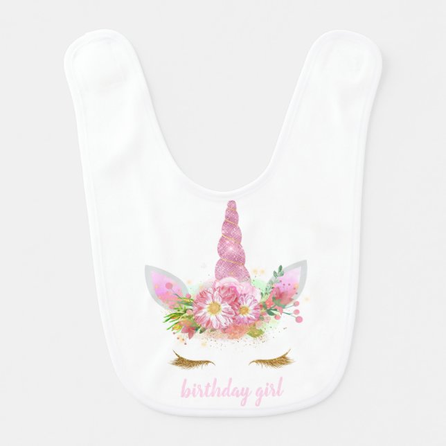 Pink Unicorn Face Birthday Girl Bib (Front)