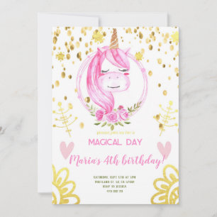 Pink Unicorn face Gold Confetti Girl Birthday Invitation