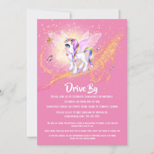 Pink Unicorn fairy glitter stars drive by girl Invitation