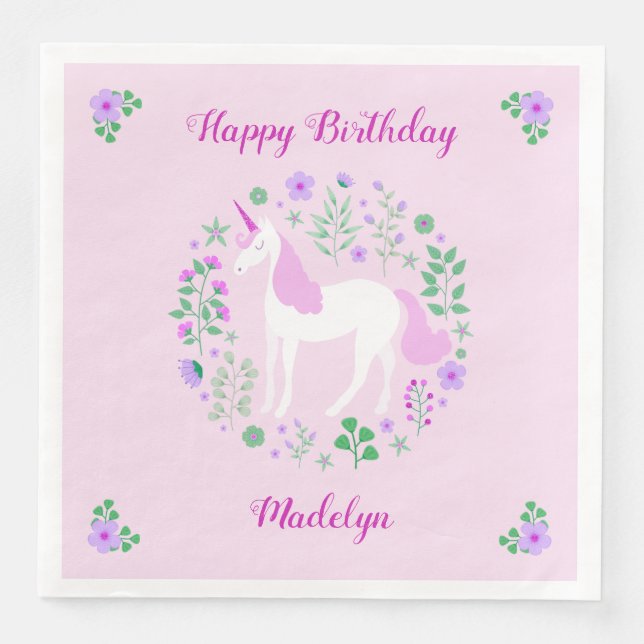 Pink Unicorn Faux Pink Glitter Birthday Paper Dinner Napkins (Front)