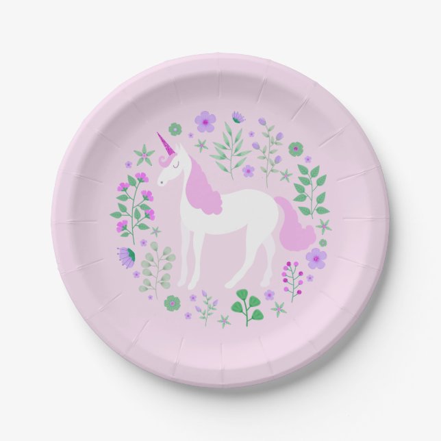 Pink Unicorn Faux Pink Glitter Paper Plates (Front)