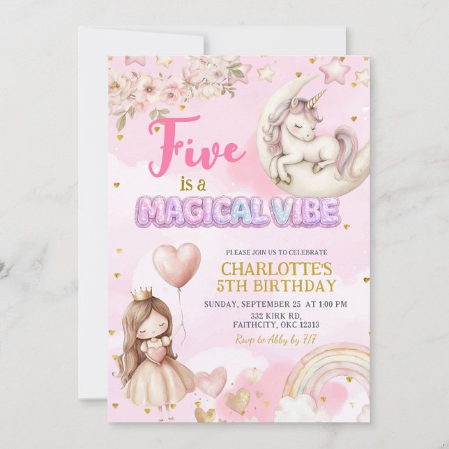 Pink Unicorn Five Is A Magical Vibe Fifth Birthday Invitation (Front)
