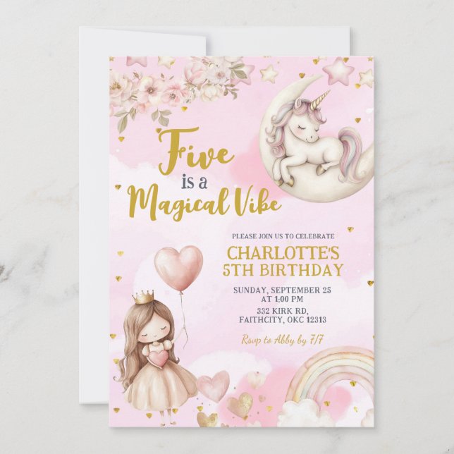 Pink Unicorn Five Is A Magical Vibe Fifth Birthday Invitation (Front)