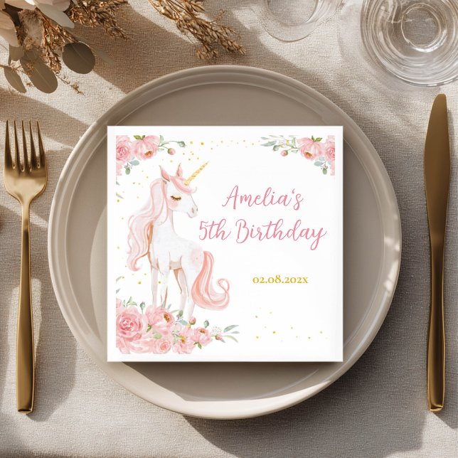 Pink Unicorn Floral Birthday Party Napkins (Creator Uploaded)