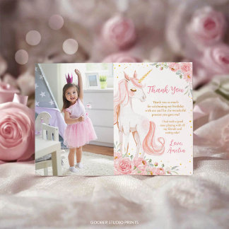 Pink Unicorn Floral Birthday Party Photo Thank You Card