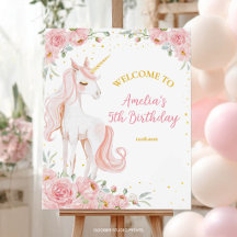 Pink Unicorn Floral Birthday Party Welcome Sign