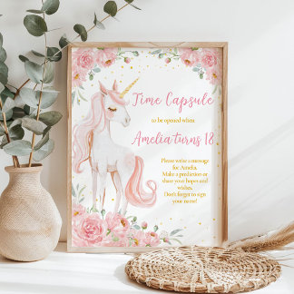 Pink Unicorn Floral Birthday Time Capsule Sign