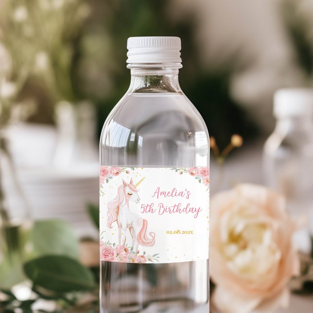 Pink Unicorn Floral Birthday Water Bottle Label (Creator Uploaded)