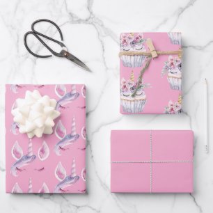 Pink Unicorn Floral Cupcake Birthday Wrapping Paper Sheets