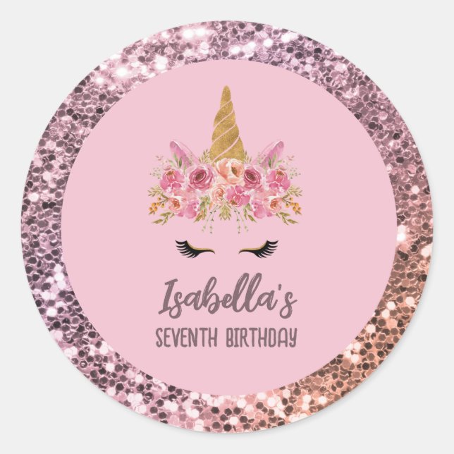 Pink Unicorn Floral Glitter Birthday Party Classic Round Sticker (Front)