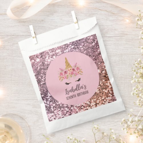 Pink Unicorn Floral Glitter Birthday Party Favor Bag