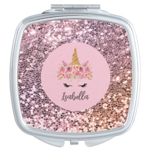 Pink Unicorn Floral Glitter Monogram Compact Mirror