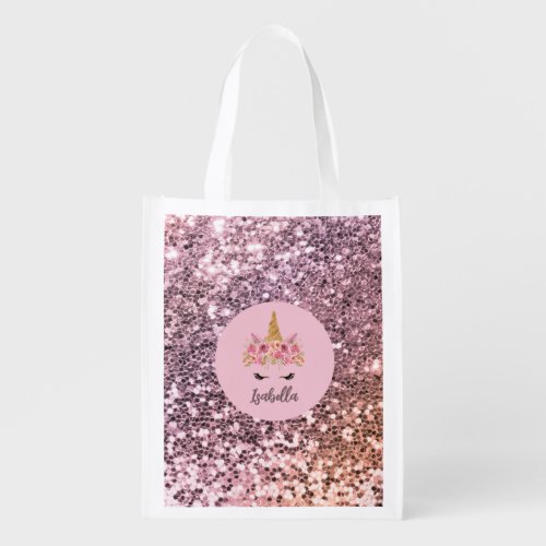 Pink Unicorn Floral Glitter Monogram Grocery Bag