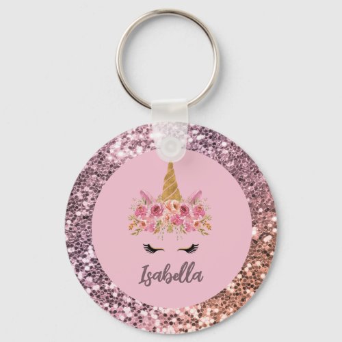 Pink Unicorn Floral Glitter Monogram  Keychain