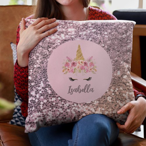 Pink Unicorn Floral Glitter Monogram Throw Pillow