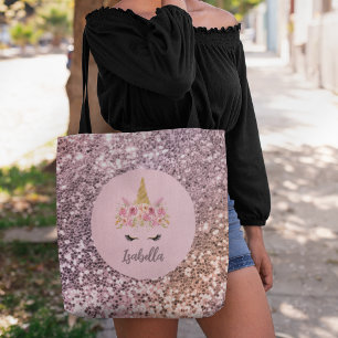 Pink Unicorn Floral Glitter Monogram Tote Bag