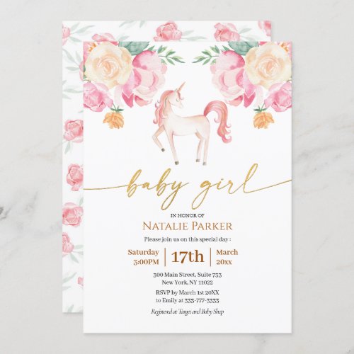 Pink Unicorn Floral Gold Script Baby Girl Shower  Invitation