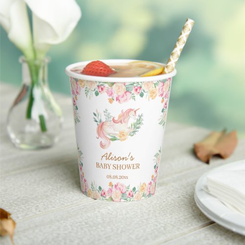 Pink Unicorn Floral Greenery Baby Shower Birthday Paper Cups