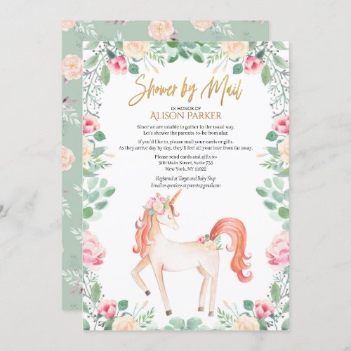 Pink Unicorn Floral Greenery Baby Shower by Mail Invitation