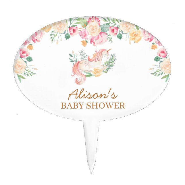Pink Unicorn Floral Greenery Baby Shower Cake Topper (Front)