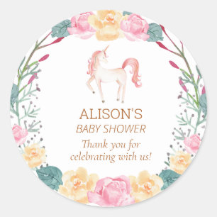 Pink Unicorn Floral Greenery Baby Shower Thank You Classic Round Sticker