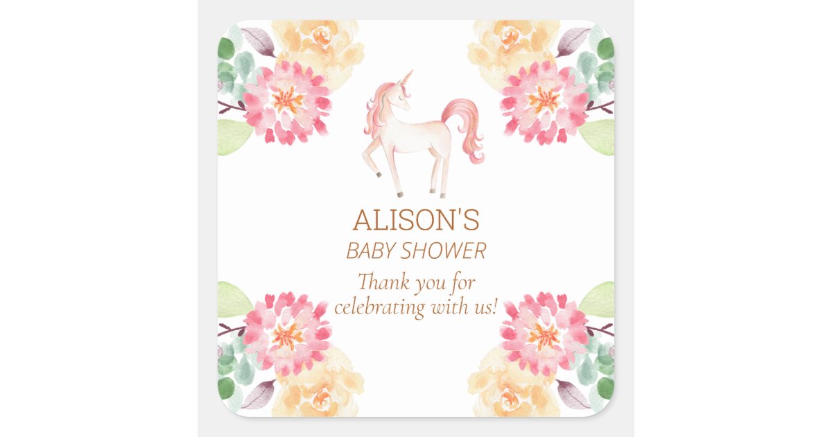 Pink Unicorn Floral Greenery Baby Shower Thank You Square Sticker | Zazzle