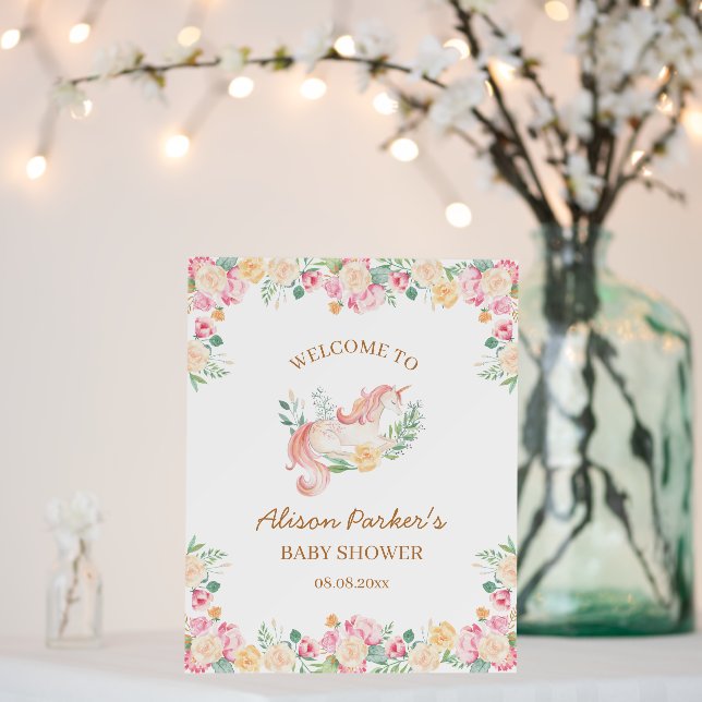 Pink Unicorn Floral Greenery Baby Shower Welcome Foam Board (In Situ (Wedding))