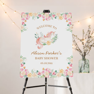 Pink Unicorn Floral Greenery Baby Shower Welcome Foam Board