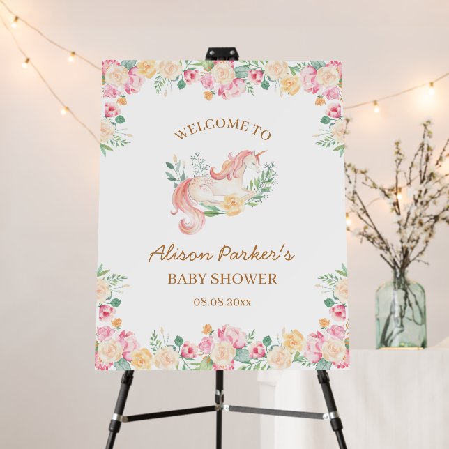 Pink Unicorn Floral Greenery Baby Shower Welcome Foam Board (In Situ (Stand))